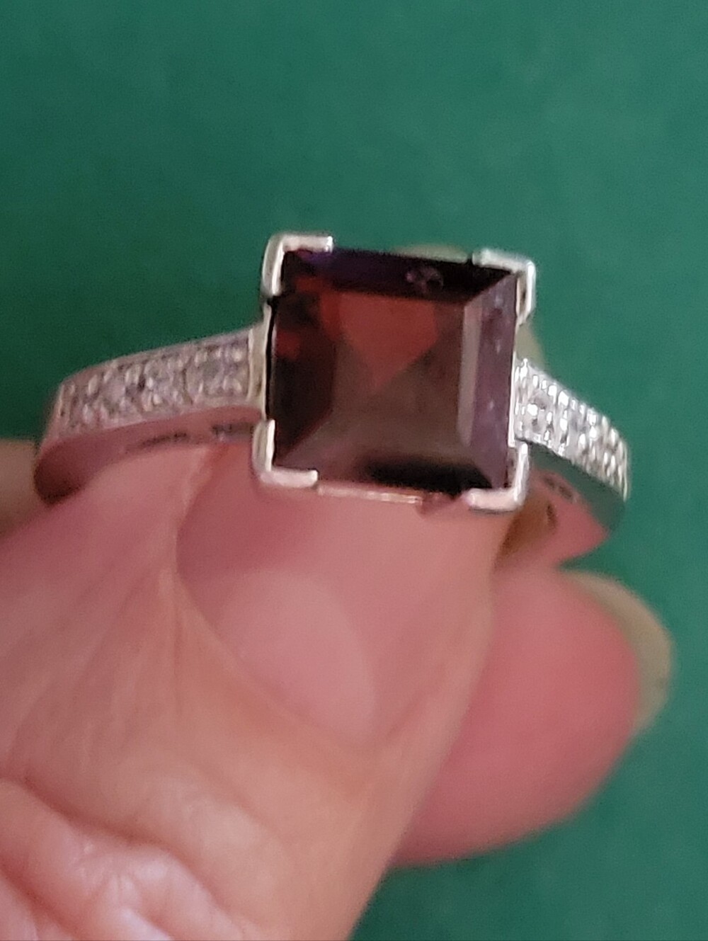 Silver Ring with Square Garnet-Cut Deep Red Center Stone